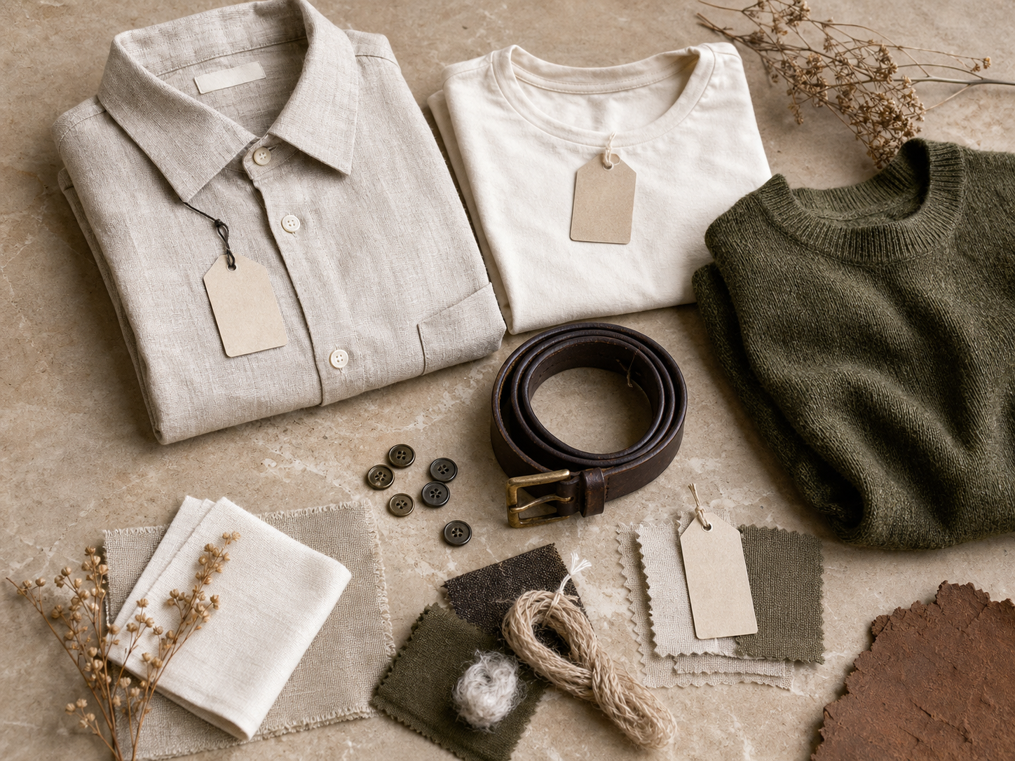 Natural capsule wardrobe and textile swatches arranged on a warm stone table